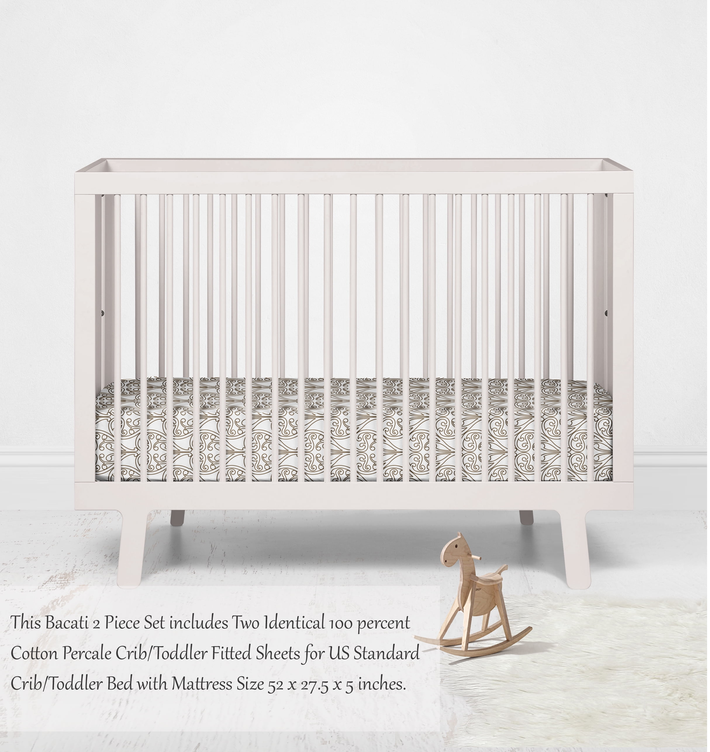 Bacati - Damask Crib/Toddler Bed Fitted Sheets 100% Cotton Percale, White/Choc, 2-Pack