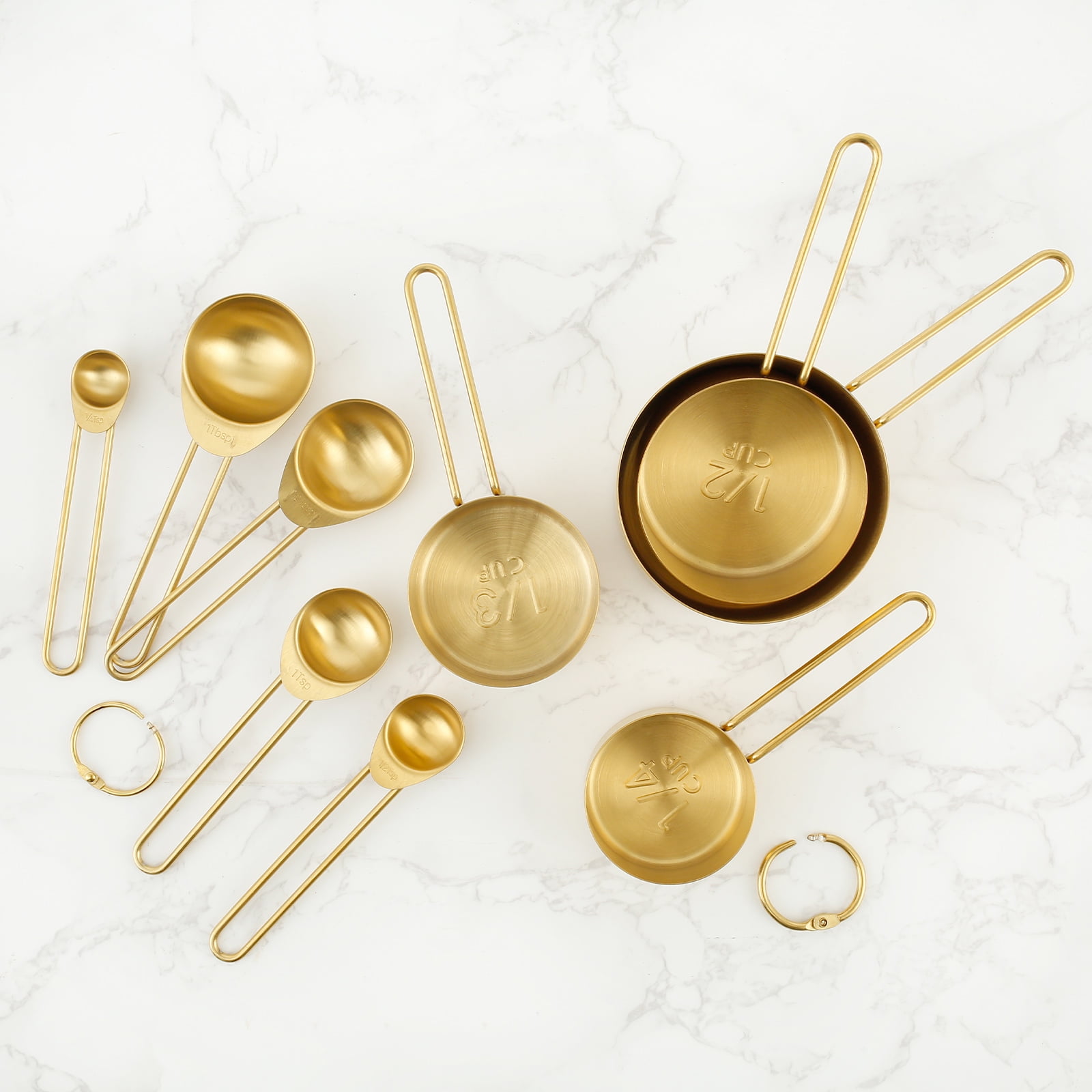 FUYGRCJ Golden Stainless Steel Measuring Cups and Spoons Set, 8PCS Measuring Cups, Stackable & Long Handle Fits Narrow Jars, Premium Kitchen Accessories for Liquid & Dry Ingredients Baking Cooking
