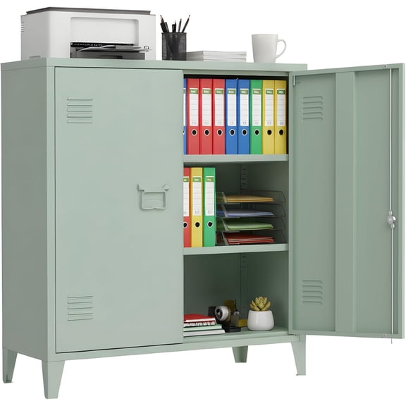 35.4”H Metal Storage Cabinet Locking Storage Cabinet with 2 Adjustable Shelves and Doors, Garage Storage Cabinet with Lock & Keys for Home School Office (Green)
