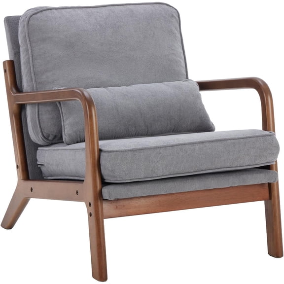 Simenmax Mid Century Modern Accent Chair, Lounge Chair with Cushion, Solid Wood Chair with Arms, Reading Chair for Living Room, Bedroom,Gray