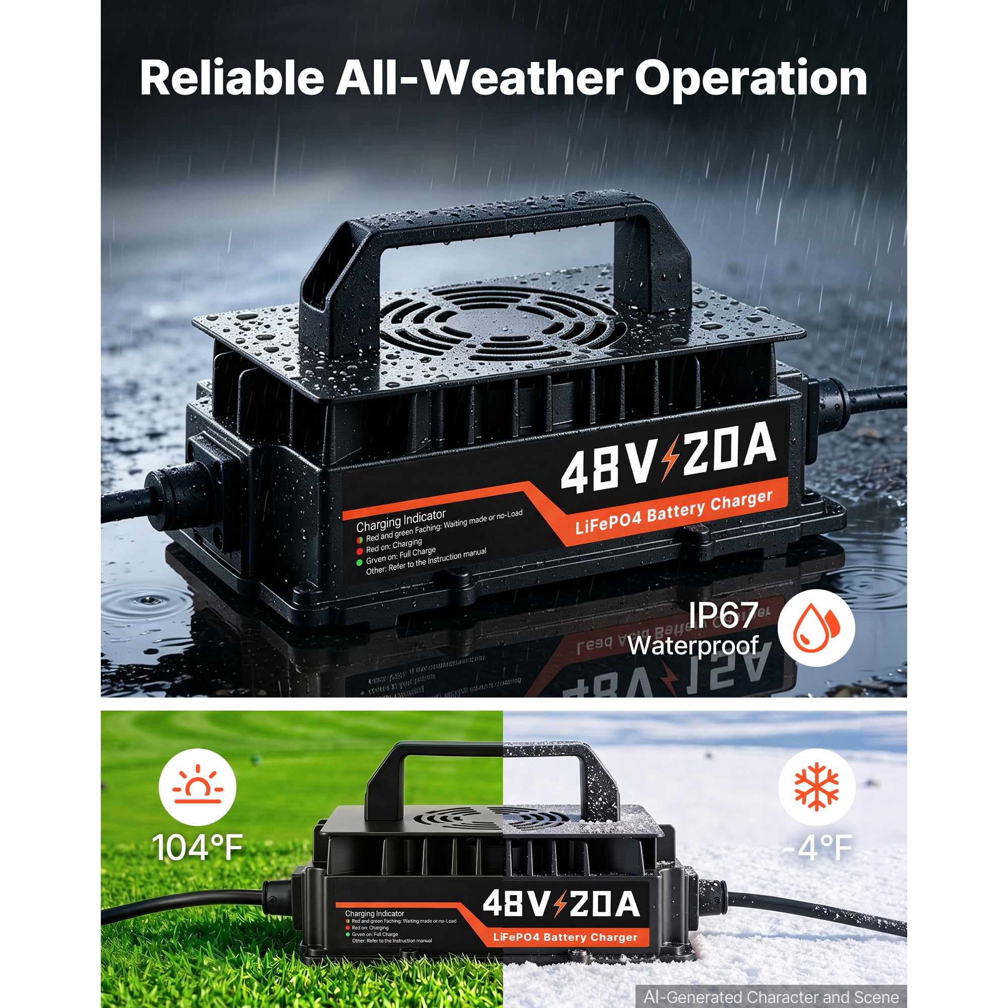 KFFKFF 48V 20A Golf Cart Battery Charger for Lithium Batteries, Durable Aluminum Shell, Trickle Charging, LED Display, Cooling System, Suitable for Forklifts, RVs, and Waterproof Design
