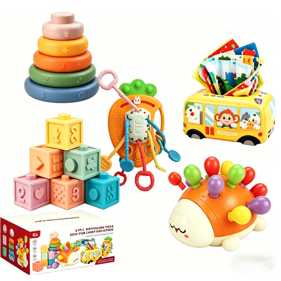 Biiend 5-in-1 Montessori Baby Toy Set, suitable for babies 6 months and up. This early education toy includes stacking rings, colorful building blocks, pull-string toys, a hedgehog, and a bus