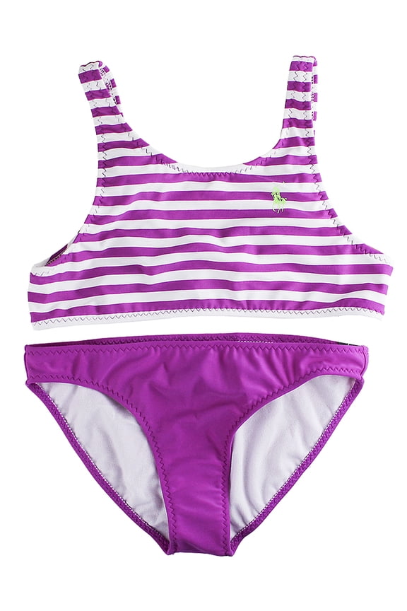 Girls 2-Pcs Striped Top & Solid Bottom Swimsuit - Purple & White, Size 16