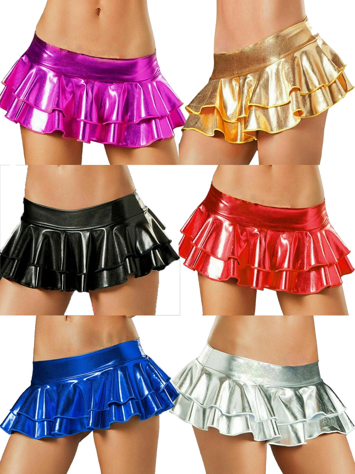 Women Lingerie Micro Mini Dress Bodycon Dance Club Skirt Metallic Pu Leather