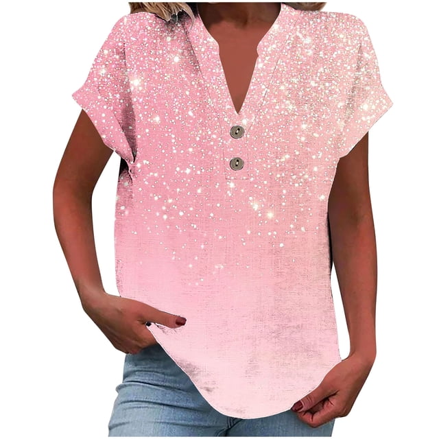 Camisetas de Manga Corta para las Mujeres Casual Impreso Botón Casa V-Cuello Camiseta Blusas, Poliéster