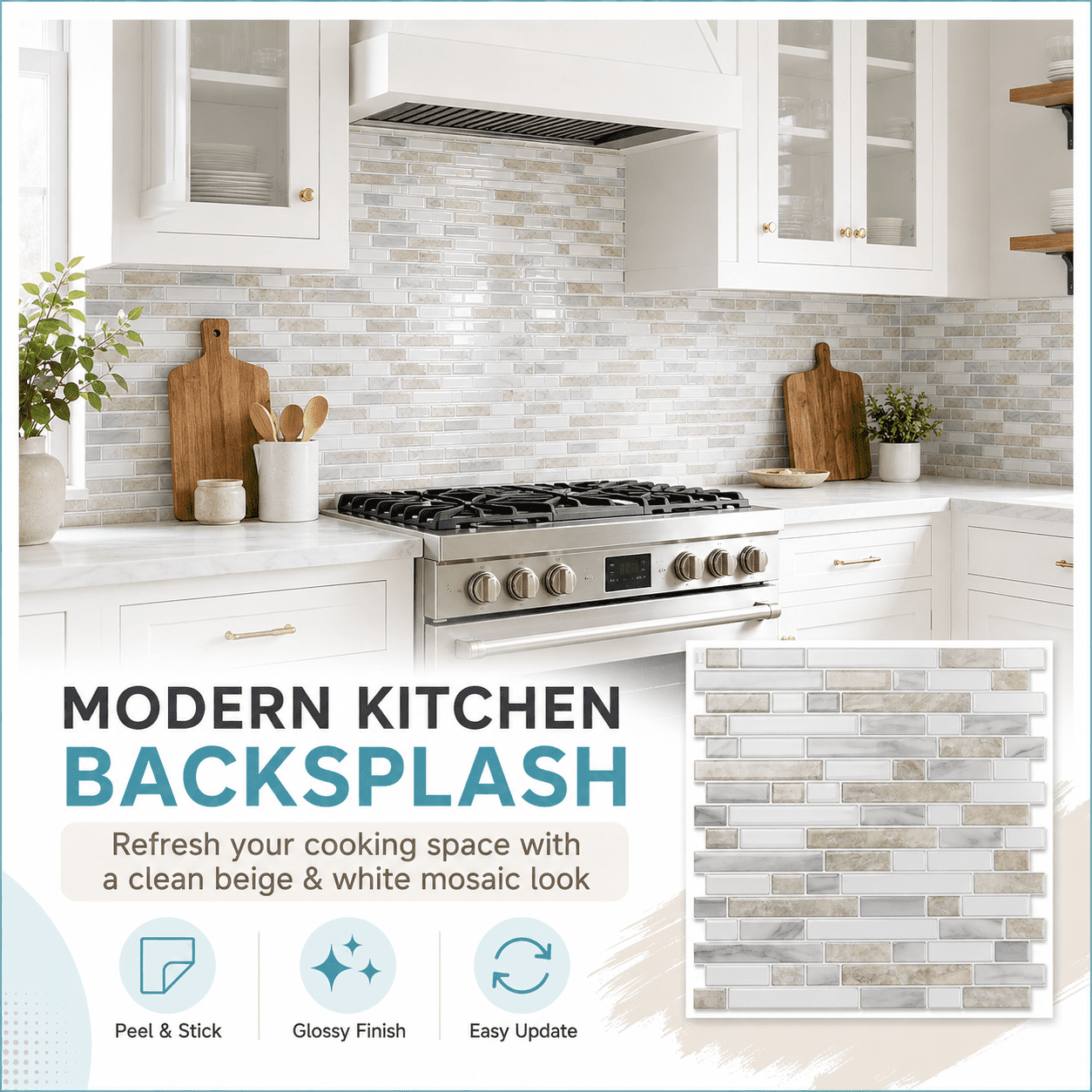 Yeslife 10-Pack Peel and Stick Backsplash Tile, 12" x 12" Beige & White Linear Mosaic Wall Tiles, Self Adhesive Waterproof Stick on Tiles for Kitchen and Bathroom, 10 Sq Ft