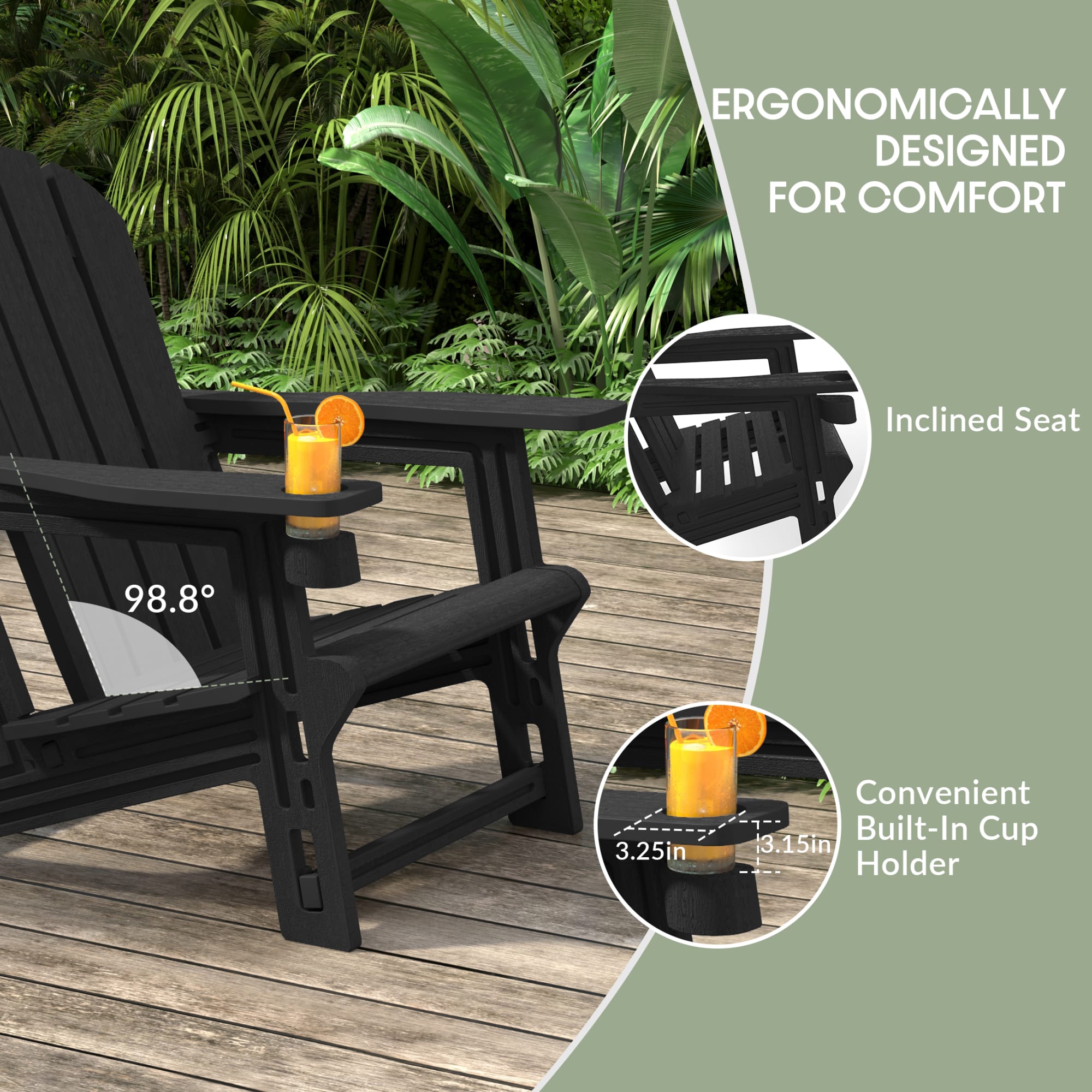 WestinTrends Tool-Free Assembly Outdoor Patio HDPE Plastic Adirondack Chair with Cup Holder, Black