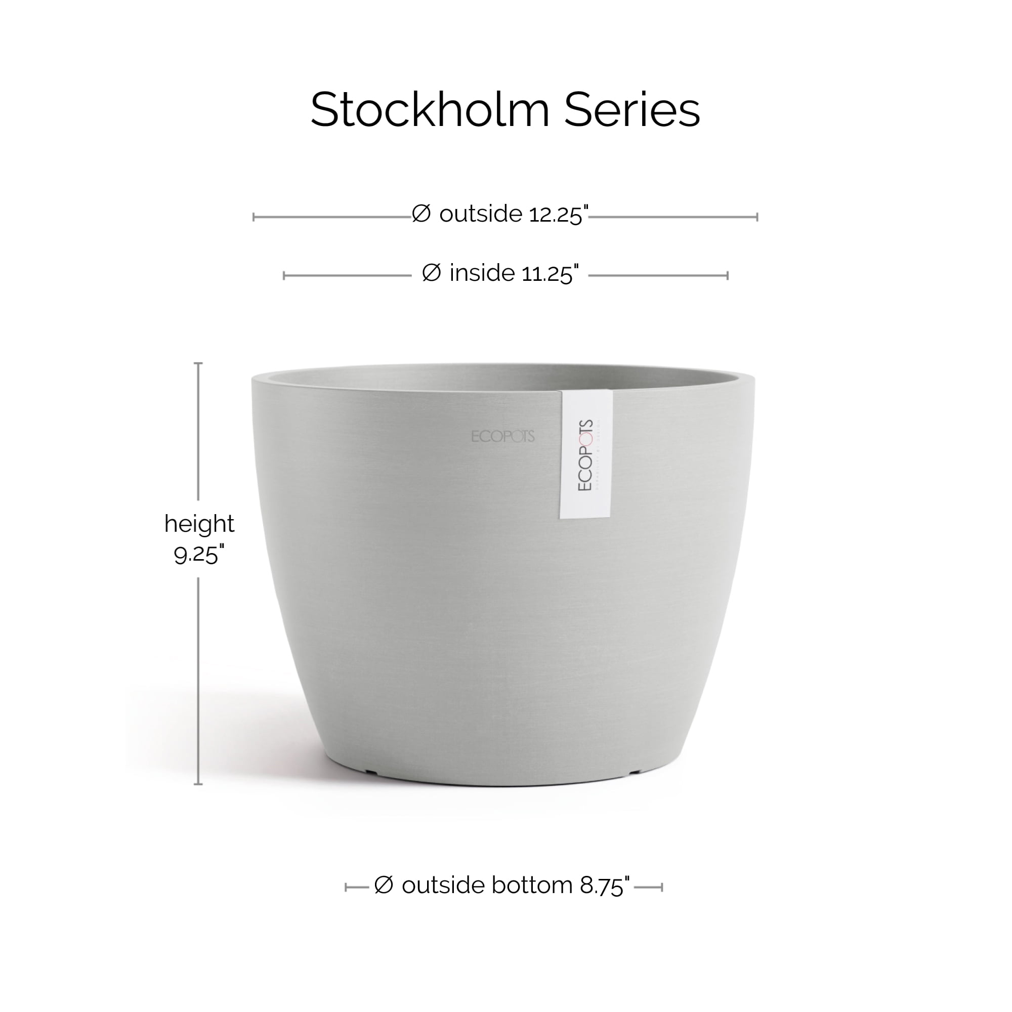 Ecopots Stockholm Durable Modern Round Indoor/Outdoor Recycled Based Composite Flower Pot Planter, White Grey, 12"