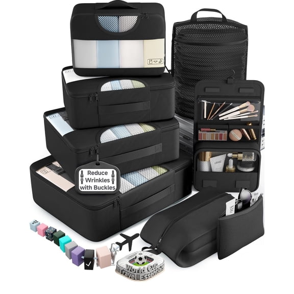 10 & 8 Set Travel Packing Cubes, Wrinkle Resistant Buckled Luggage Organizer with Shoe Pouch & Toiletry Bag, Carry On Travel Bags for Airplane, Dorm Use, Travel Gifts for Men & Women