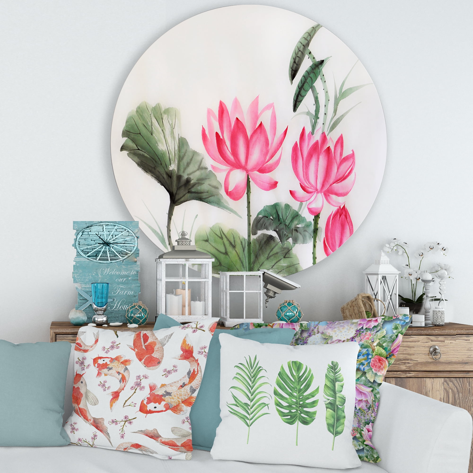 Designart 'Ancient Pink Lotuses In The Pond I' Traditional Circle Metal Wall Art 29x29 - Disc of 29