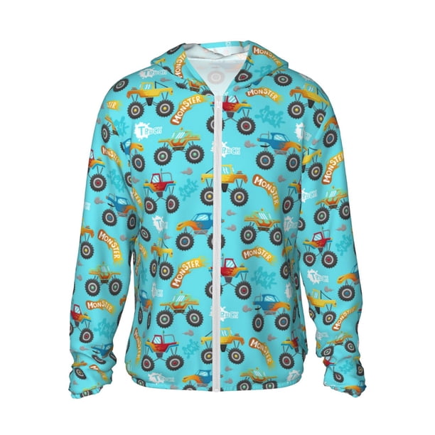 Balery Cartoon Monster Truck Sudadera ligera de manga larga con capucha y protección solar UPF 50+ para hombre y mujer, ideal para pesca y running-3X-Large