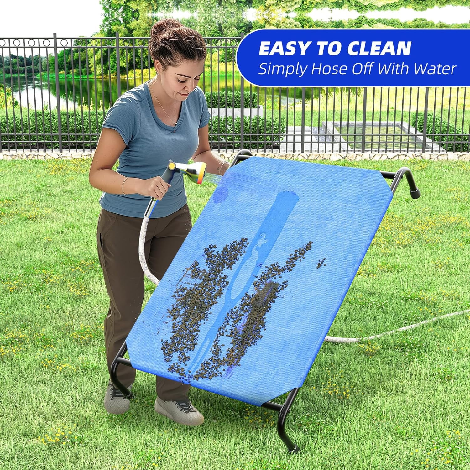 General Raised Dog Bed for Large Dogs, Waterproof XL Dog Cot, Outdoor Cooling Elevated Pet Bed, 47.75" x 30.5", Blue