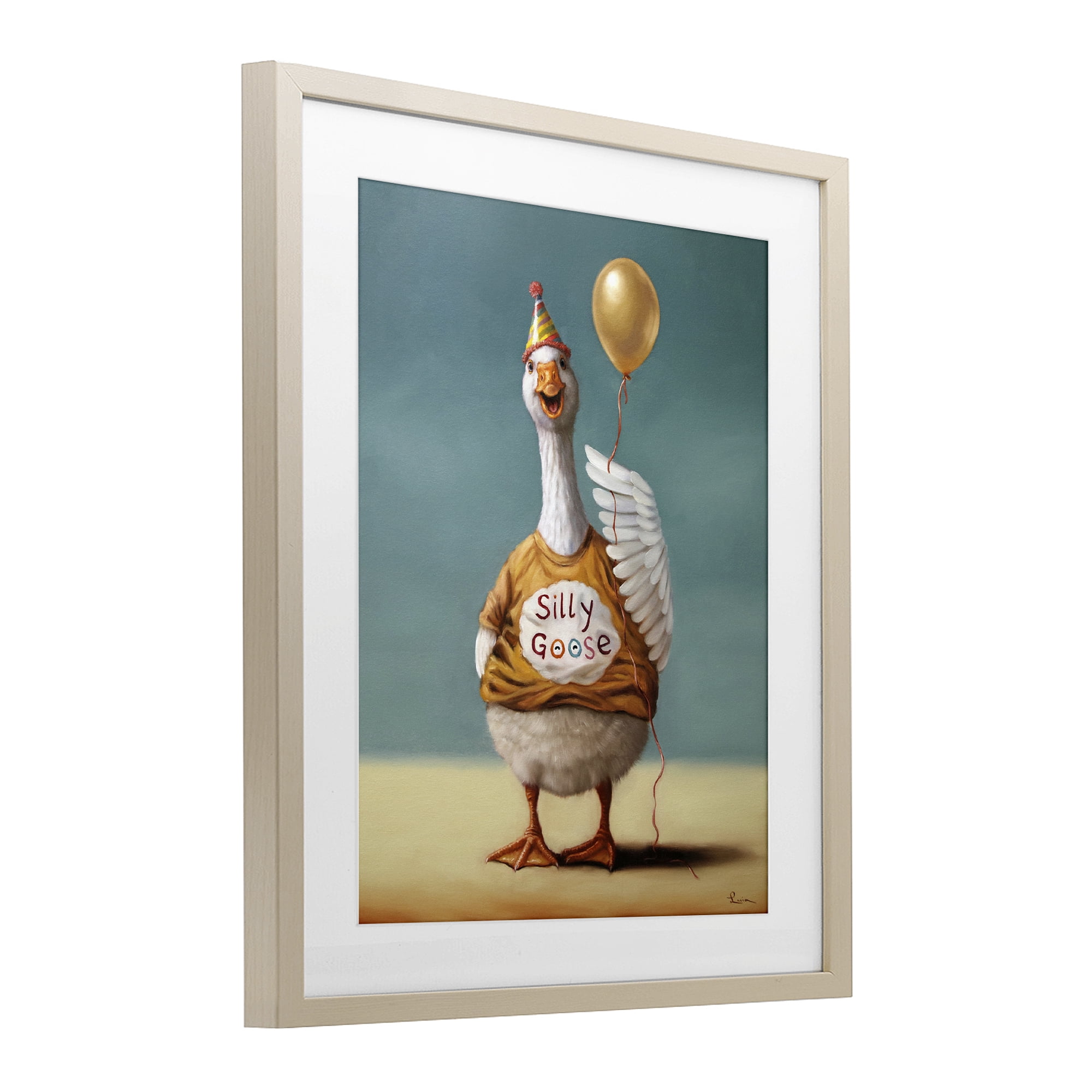 Stupell Industries Silly Goose with Balloon Birch Framed Print Under Glass, design by Lucia Heffernan
