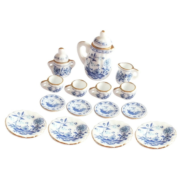15x Set de Thé en Porcelaine Maison de Poupée Imprimé Bleu