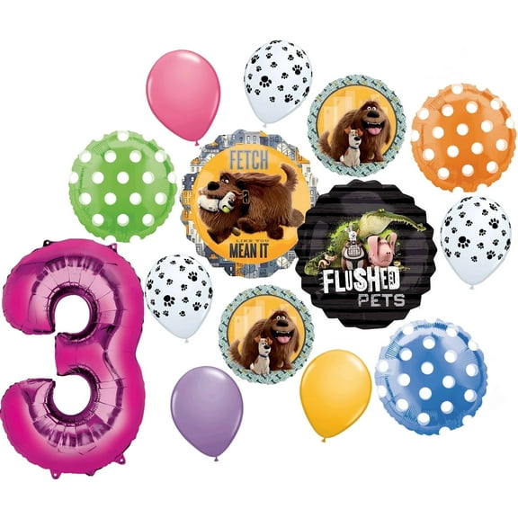 Secret Life of Pets Party Supplies 3rd Birthday Max and Duke Balloon Bouquet Decorations Pink Number 3