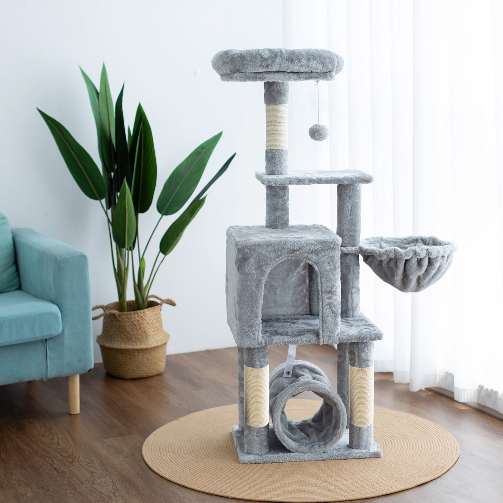 Senbonry Cat Tree for Indoor Cats with Scratching Posts, 49in Small Gothic Tower with 9 Inchs Tunnel, Condo, Basket, Pompoms,Light Gray