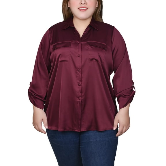 Plus Size 3/4 Sleeve Roll Tab Satin Blouse