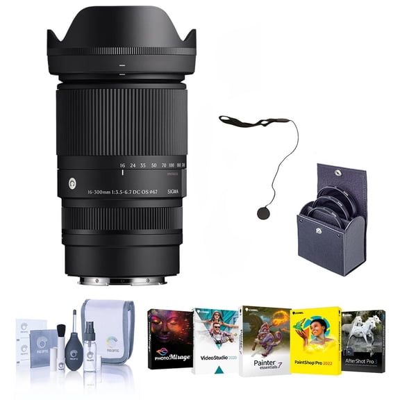 Sigma 16-300mm f/3.5-6.7 DC OS Contemporary Lens for Sony E, Bundle with 67mm Filter Kit, PC Software Kit, Cap Keeper and Cleaning Kit