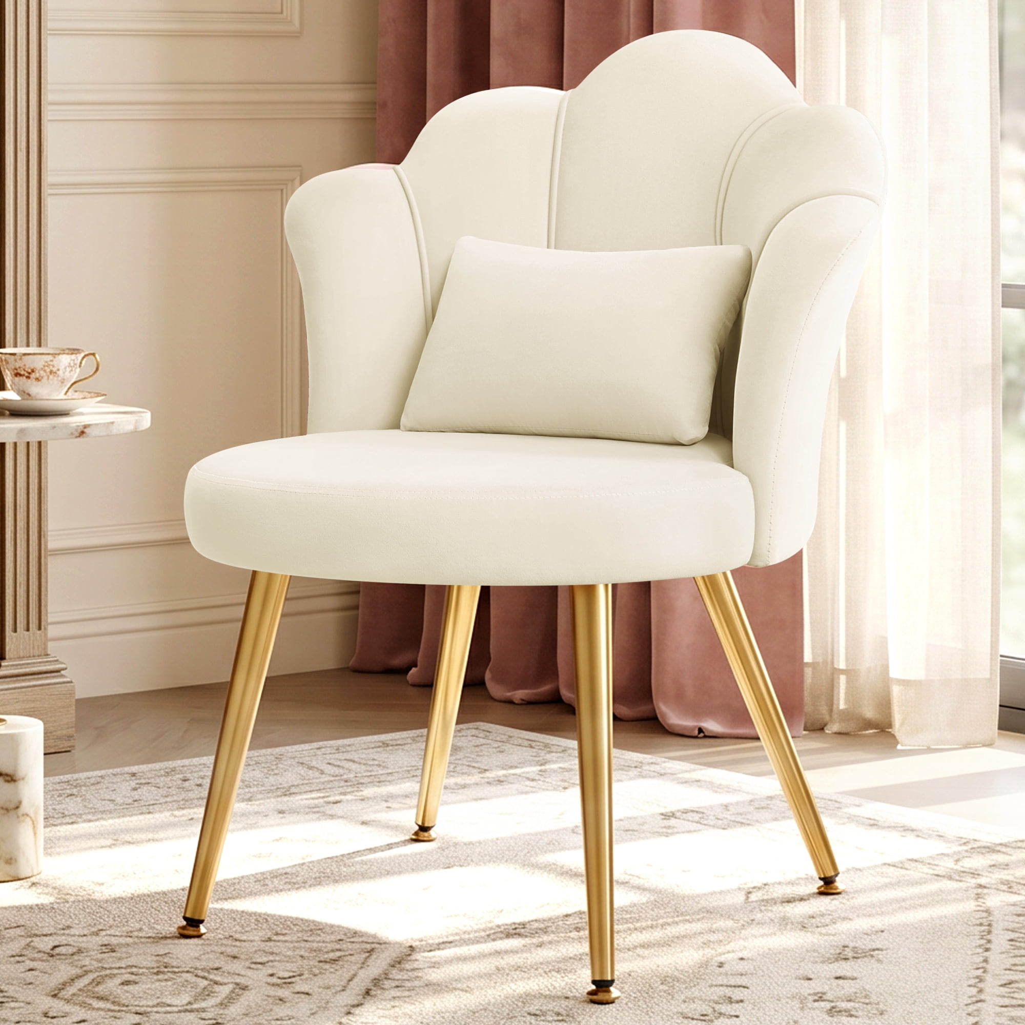 COOLHUT Petal Velvet Vanity Chair, Flower Cute Girls Mack Up Vanity Stool Chair with Lumber Pillow and Adustable Gold Legs, Upholstered Small Desk Chair for Living Room Bedroom Home Office, Beige