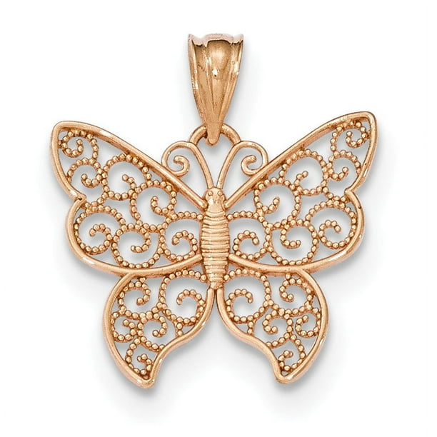 14k Rose Gold Filigree Butterfly Necklace Charm Pendant Insect