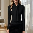 thumbnail image 2 of AINIYS Women's Tie Neck Long Sleeve Slim Tops Elegant Basic Layering Office Casual Daily Wear Blouse Black M, 2 of 7