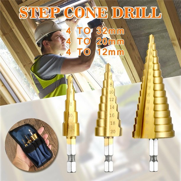 1/3PCS 412/20/32mm HSS Titanium Coated Step Drill Bit set Hex Shank