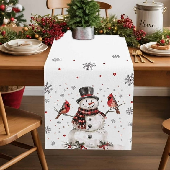 Table Runner 13x70in Inches Long, Xmas Snowman Red Bird Winter SnowflakesLinen Washable Dresser Scarf Holly Berries WhiteKitchen Dinning Tablerunners for Holiday/Party/Wedding/Home Tables Decor