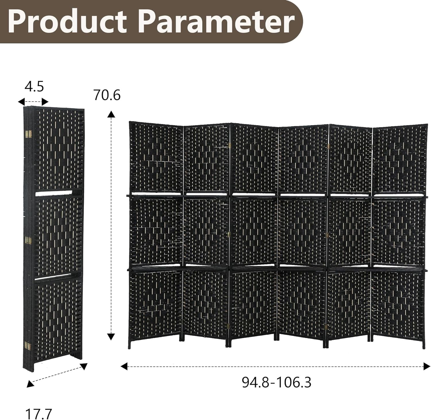 FDW 6 Panel Room Divider Wooden Portable Partition Screen Wood with Removable Storage Shelves Color, Black