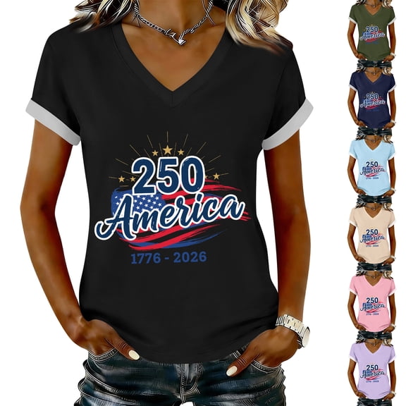 KDDYLITQ Womens U.s. 250th Anniversary Tshirt American Birthday Usa Star Stripes Short Sleeve T-Shirts Freedom Red White and Blue 4th July Tops Printed Plus Size V Neck Tees Army Green S