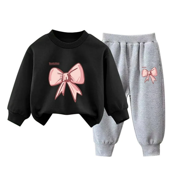 Mikilon Bow Printed Sweat Sets for Girls Size 3-8 Years Round Neck Long Sleeve Sweatpants Elastic Waist Wide Leg Pants Fall and Winter Thermal Outfit Sets