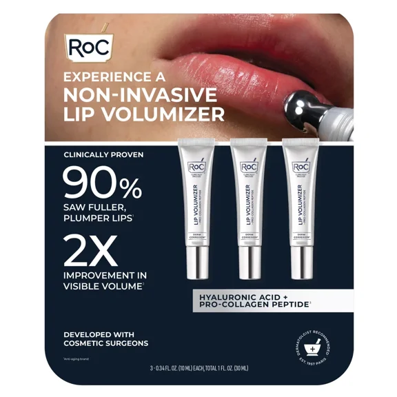 RoC Non-Invasive Lip Volumizer Treatment, Hyaluronic Acid + Pro-Collagen Peptide, 3-Pack, 0.34 fl oz Each