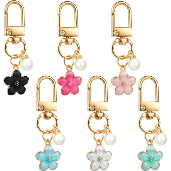 Cute Flower Keychain for Women, 6 Pcs Aesthetic Keychains with Pearl Purse Charms Zipper Pull Charm Handbag Charms Bag Charm for Handbags Backpack Purse Accessories Car Keys Birthday Valentine Gifts