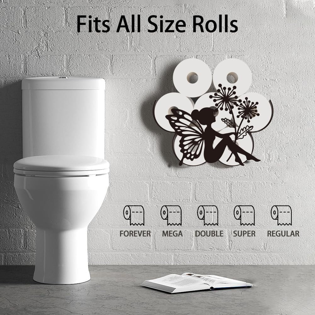 Funny Fairy Metal Toilet Paper Holder Black Fairy Dandelion Decorative Metal Toilet Paper Storage for Extra 8 Rolls Funny Freestanding Elf