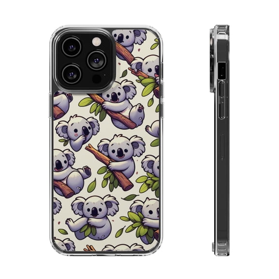 DistinctInk Hybrid (Acrylic / TPU) Clear Slim Fit Case for Apple iPhone 13 Pro (6.1" Screen) - "Whimsical Arboreal Koala Pattern Collection"
