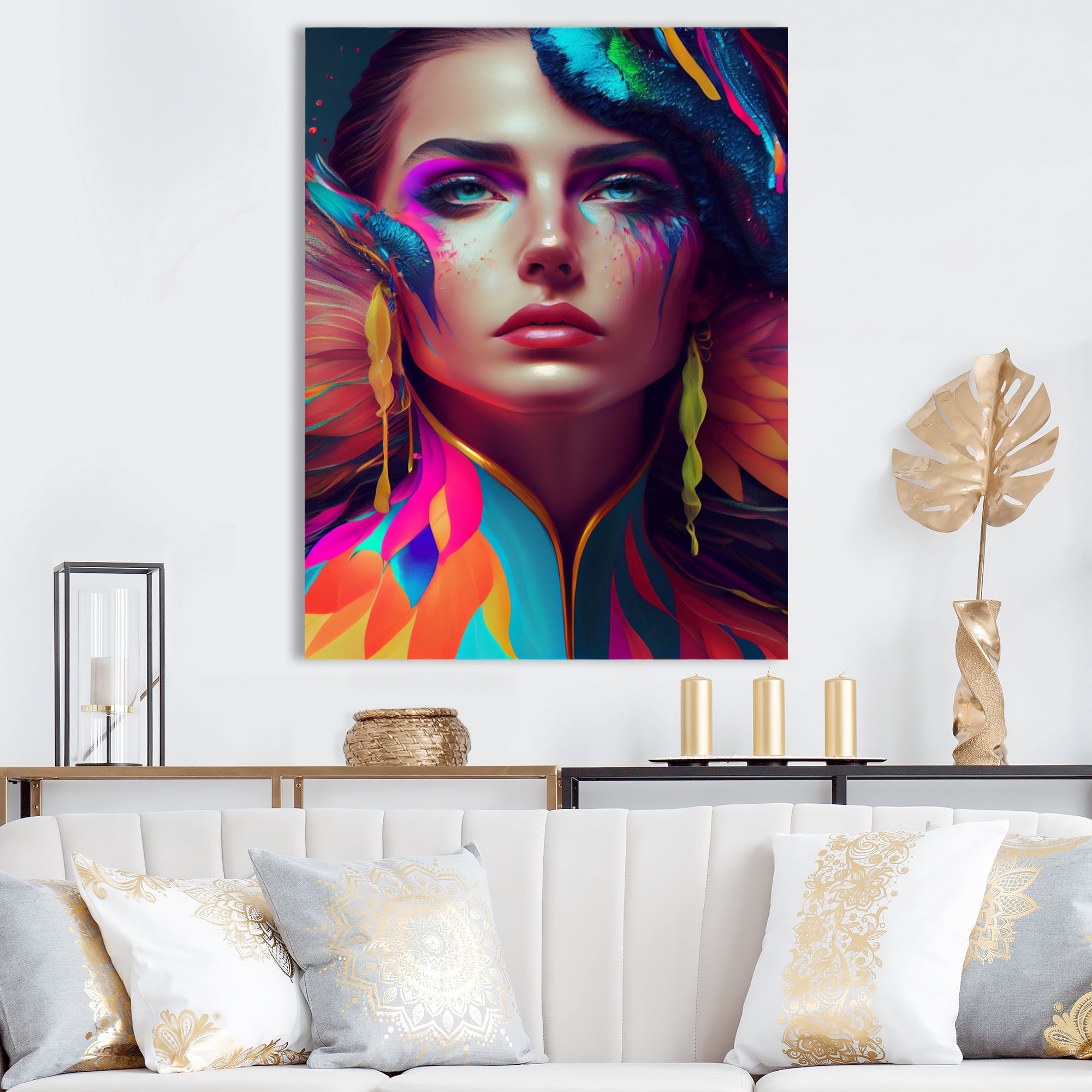 Designart Dynamic Feather Woman Portrait I Canvas Wall Art
