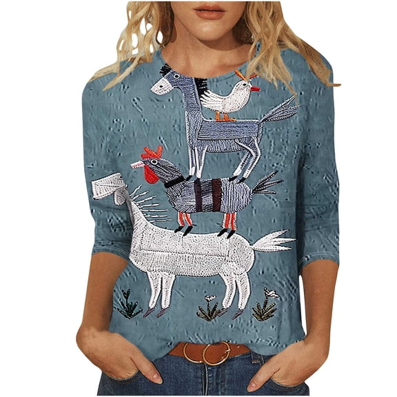 LYXSSBYX 3/4 Length Sleeve Womens Tops Women's Fashion Casual Color Block Printing Round Neck 3/4 Sleeve T-shirt Tops Blouse