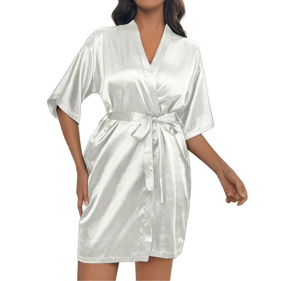 felwors Women's Short Kimono Robe Satin Bridal Party Bathrobe for Bridesmaid Satin Sleepwear Getting Ready White, XXL