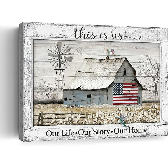 Rustic American Barn Canvas Wall Art Farmhouse Windmill Flag Pictures Wall Decor Vintage Barn Print Painting for Farm Room Living Room Home Decoration Framed 12X16 Inch