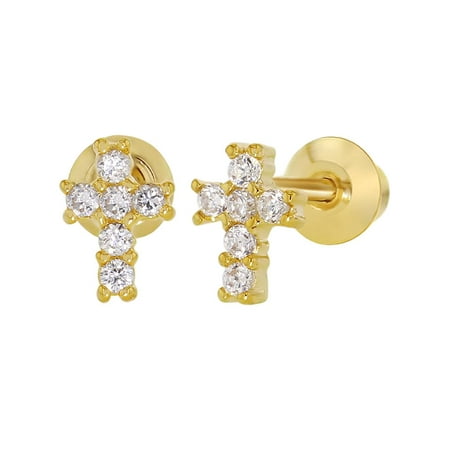 18k Gold Plated Clear CZ Religious Cross Earrings with Screw on Backs Girls Kids