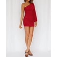 thumbnail image 5 of Women One Shoulder Ruched Bodycon Mini Dress Puff Long Sleeve 2023 Spring Summer Club Party Cocktail Short Dresses, 5 of 14