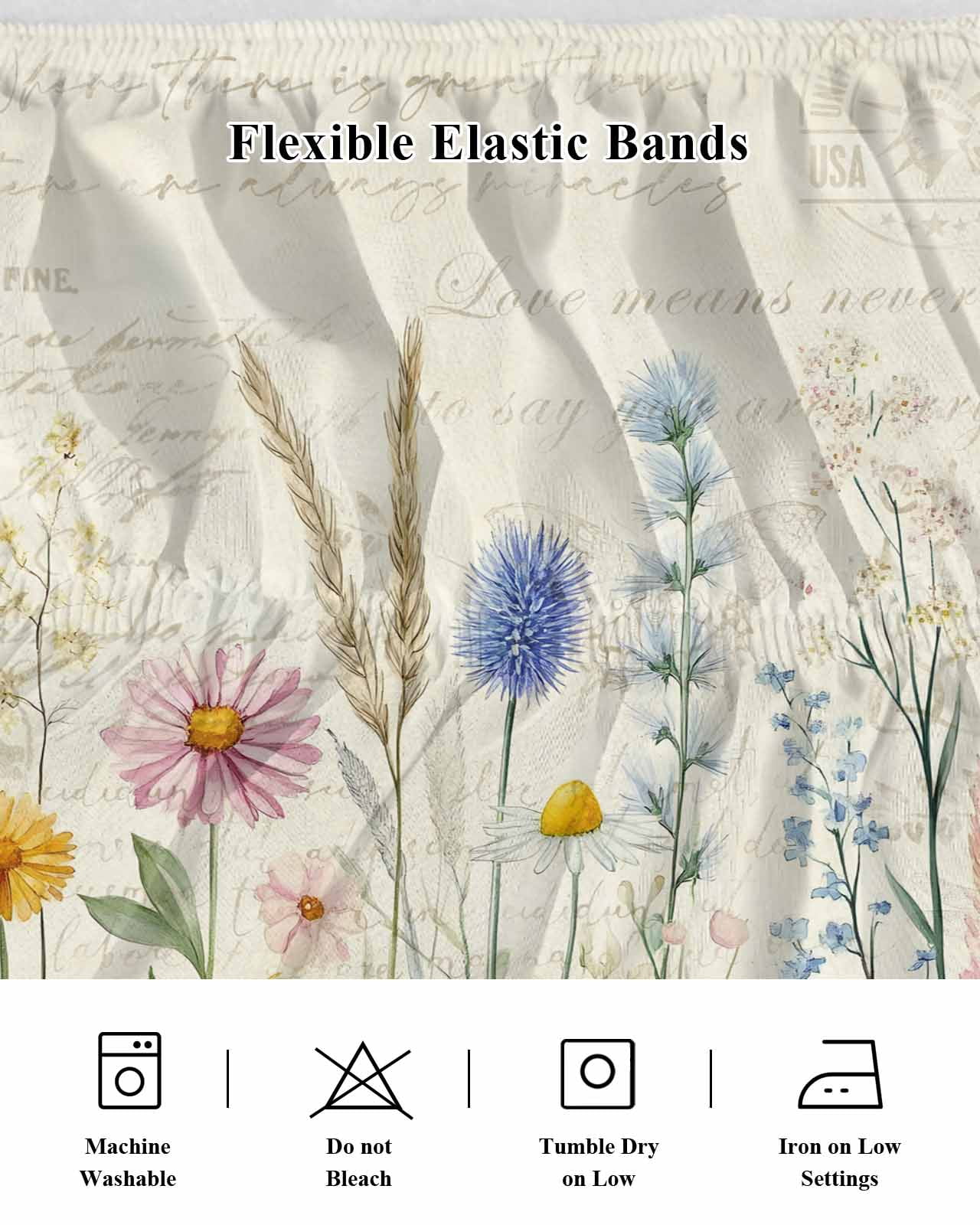 Spring Floral Bed Skirt Queen Size, Summer Flower Botanical Farmhouse Wrap Around Bed Skirting with Adjustable Elastic Strap, Dust Ruffle Pleated Bedskirts 16 Inch Drop for Bedroom Queen Beds