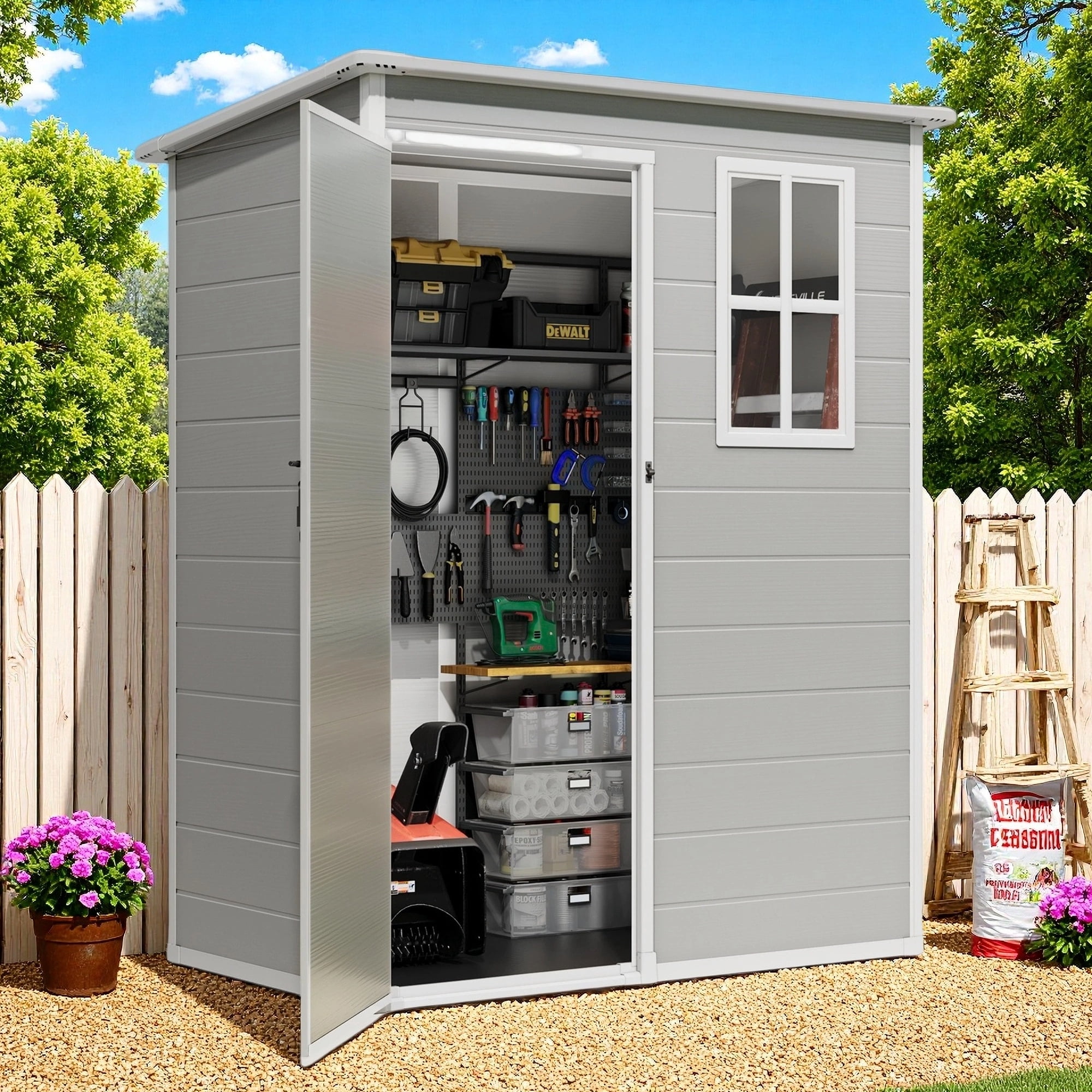 Lofka Outdoor Storage Shed with Floor, 5' x 3' Resin Garden Tool Shed with Window,  Quick Assembly |Lockable, for Patios, Gray