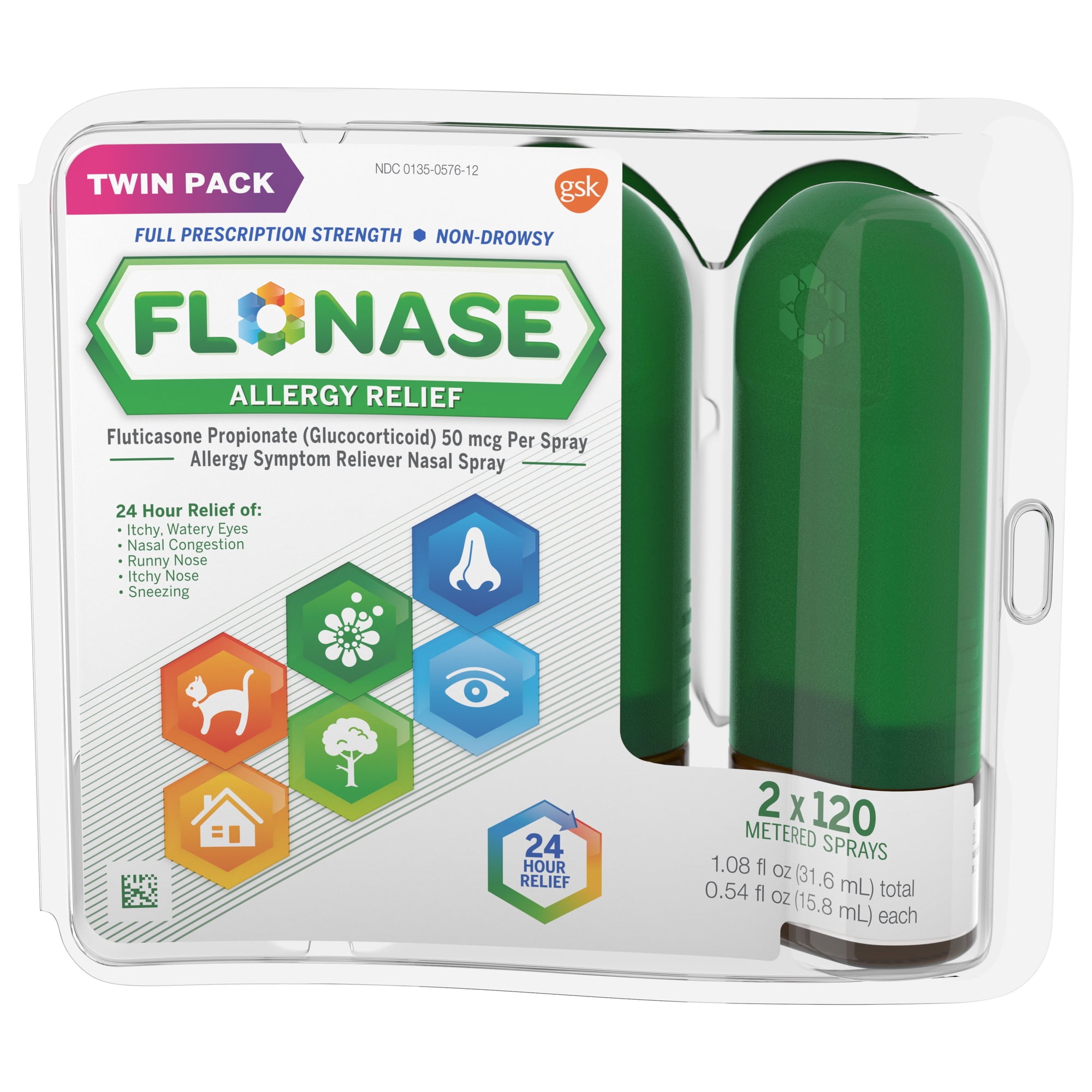 Flonase Allergy Relief Spray, 24 Hour Non Drowsy Allergy Medicine, Metered Nasal Spray - 120 Sprays (Pack of 2)