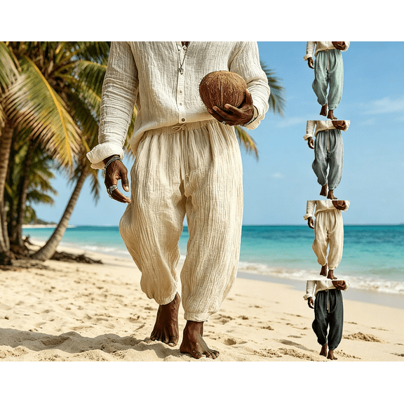 Mens Casual Big and Tall Cotton Linen Harem Pants Baggy Elastic Drawstring Waist Beach Yoga Boho Pant Size S-3XL Beige