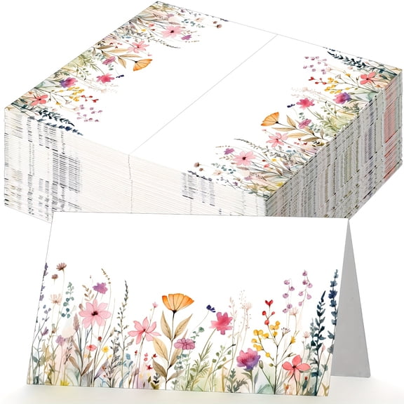100Pcs Floral Place Cards Folded Table Place Cards Name Cards for Table Setting, Watercolor Wedding Place Cards Tent Cards for Wedding, Baby Shower, Banquet Table Seating