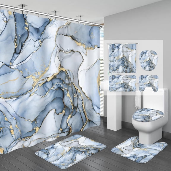 4PCS Light Blue Gold Marble Shower Curtain Sets with Rugs, Abstract Luxury Bathroom Sets with Shower Curtain and Rugs, Gold Bathroom Curtains Shower Set with Toilet Lid Cover