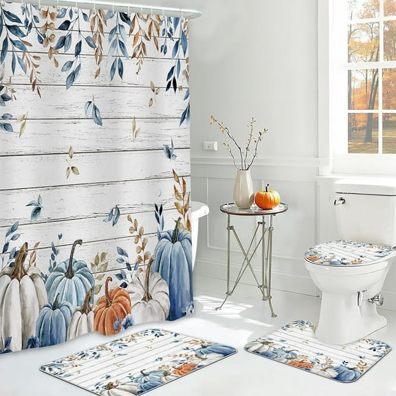 4pcs Fall Pumpkin Shower Curtain Set,Autumn Watercolor Blue White Pumpkin Shower Curtain Set,Farmhouse Eucalyptus Leaves Rustic Wood Bathroom Decor,Thanksgiving Holiday Curtains Set 72x72 in