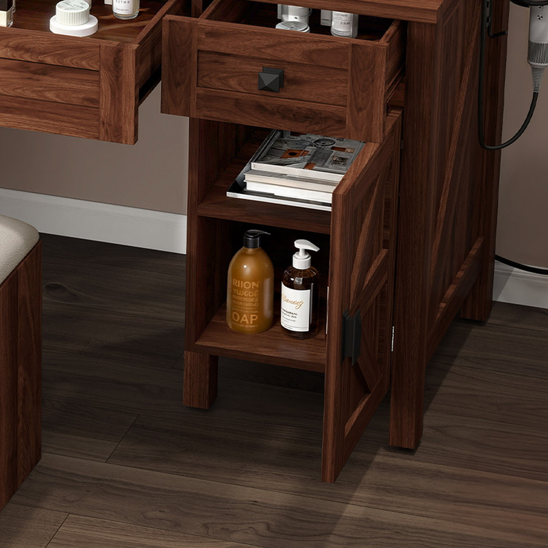 Uforic 42" Farmhouse Makeup Vanity Set with Lighted Mirror & Drawers, ,Vanity Desk with Charging Station & Glass Top, Brown