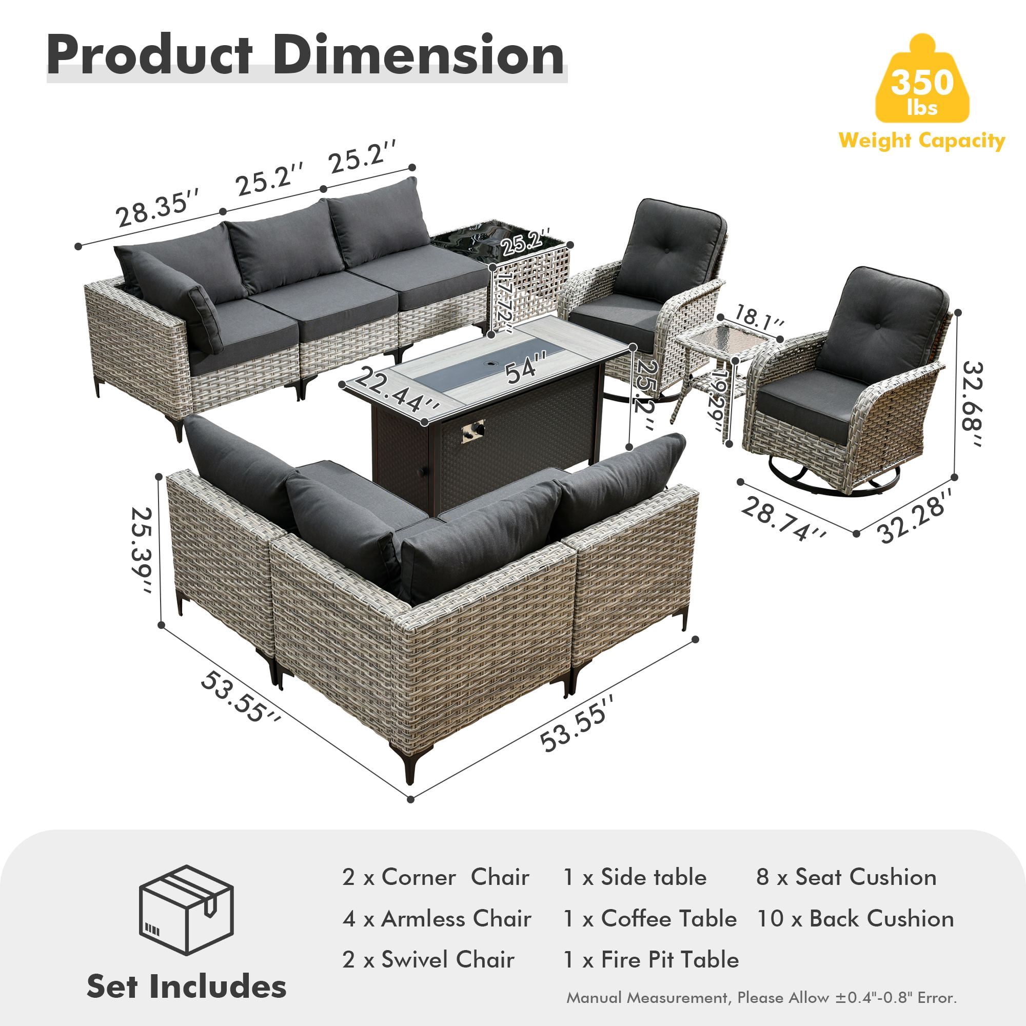 XIZZI 11 Pieces Outdoor Patio Furniture Set All-Weather Wicker Conversation Set Rattan Outside Sectional Sofa with Fire Pit Table & Swivel Rocking Chairs for Garden, Black