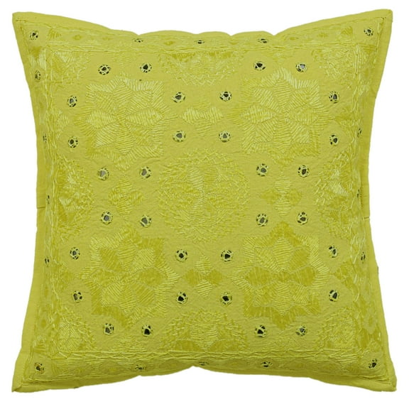 Stylo Culture Indian Bohemian Couch Throw Pillow Cover 16 x 16 Hand Embroidered Lemon Yellow Bohemian 40 x 40 cm Home Decor Cotton Mirrored Square Cushion Cover | 1 Pc